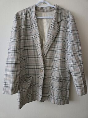 Michele Petite XL  Cream Plaid Single-Button Blazer With Functional Pockets